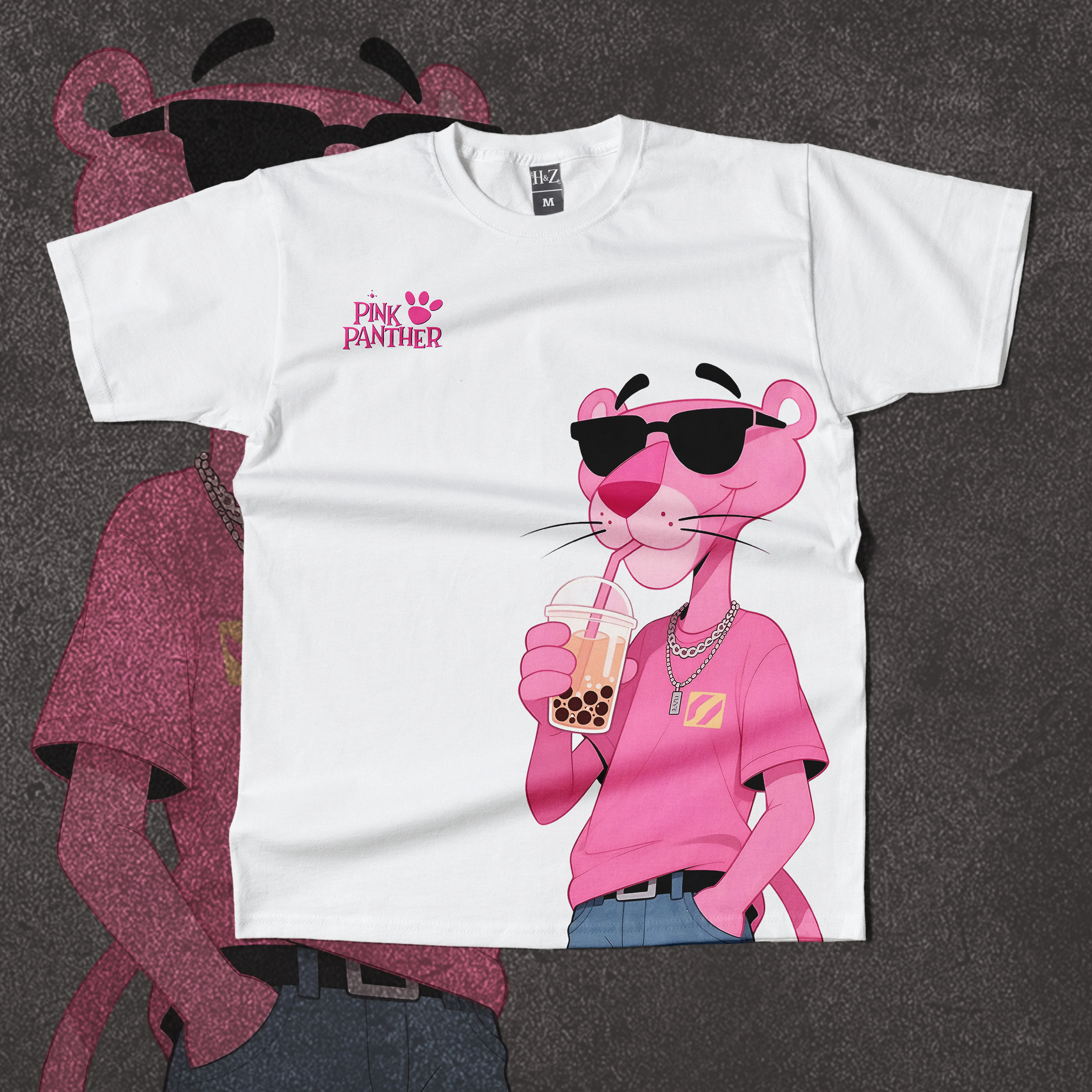 Pink Panther Boba Tea Crew Neck T-Shirt - Image 7