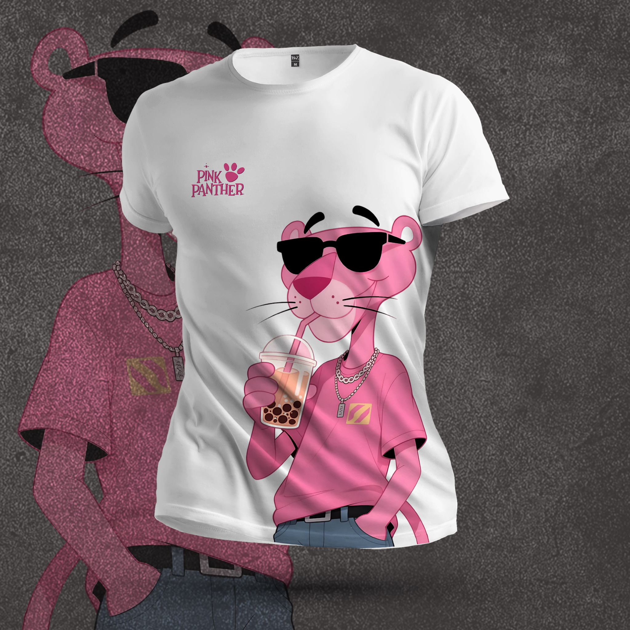 Pink Panther Boba Tea Crew Neck T-Shirt - Image 8