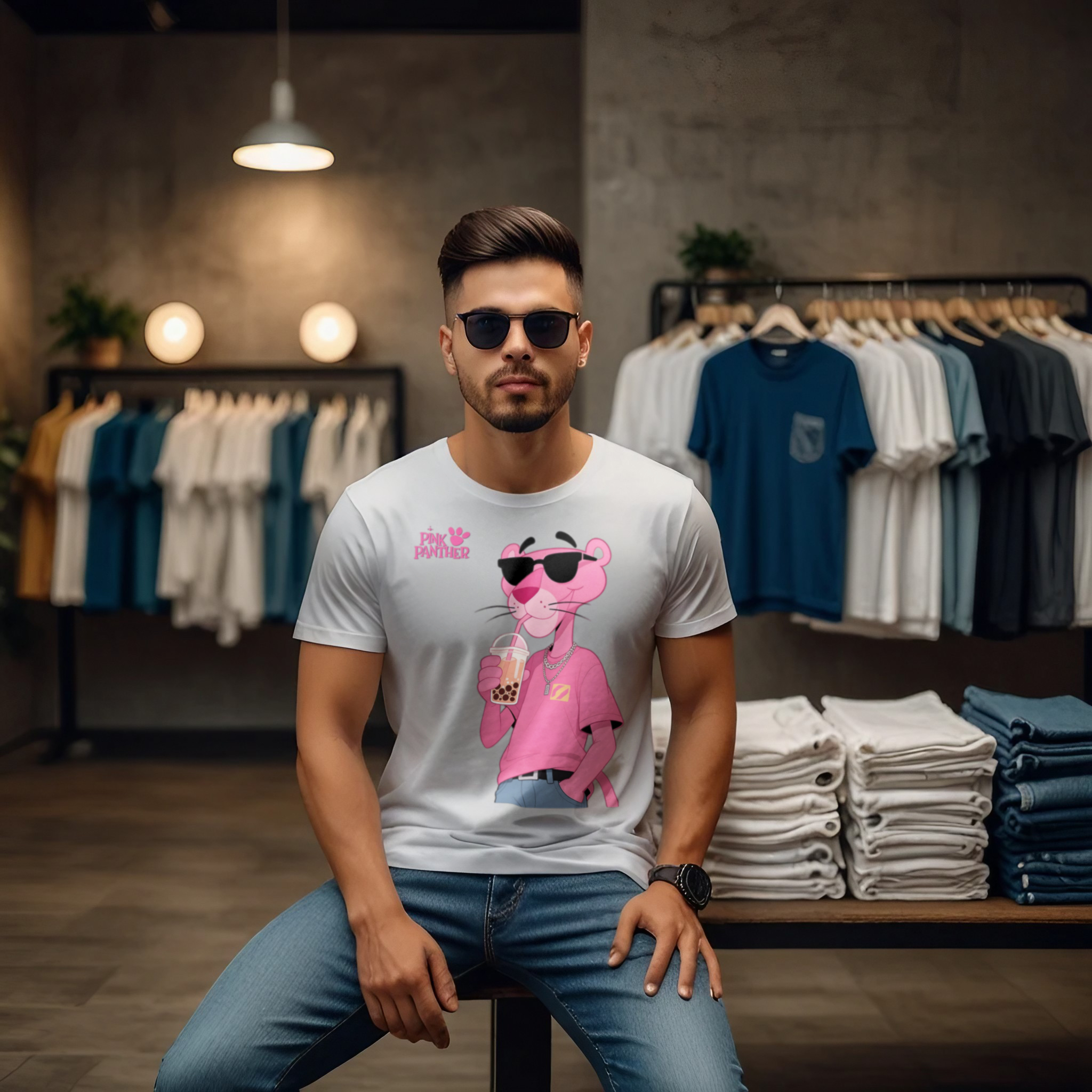 Pink Panther Boba Tea Crew Neck T-Shirt - Image 10