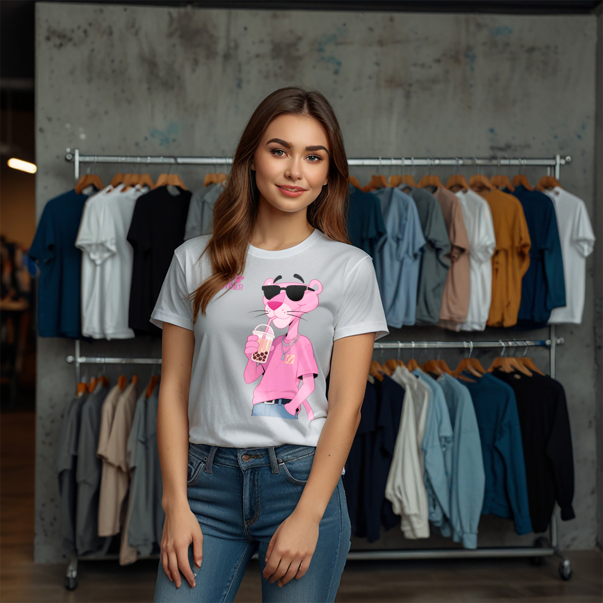 Pink Panther Boba Tea Crew Neck T-Shirt - Image 12