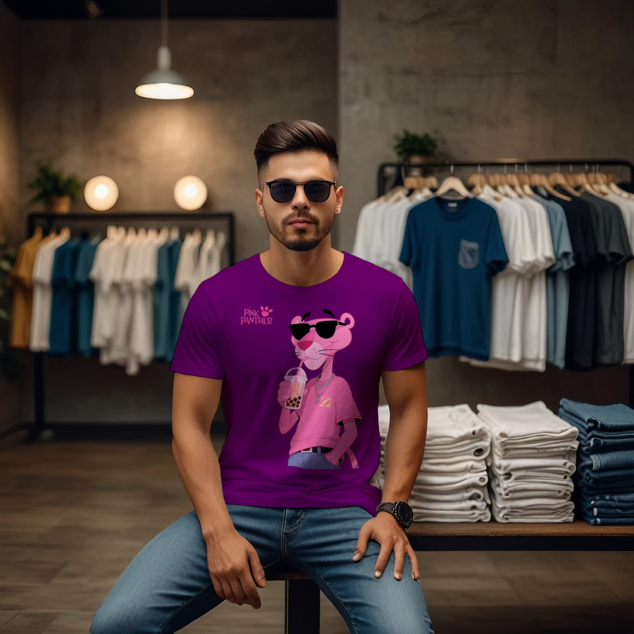 Pink Panther Boba Tea Crew Neck T-Shirt - Image 16