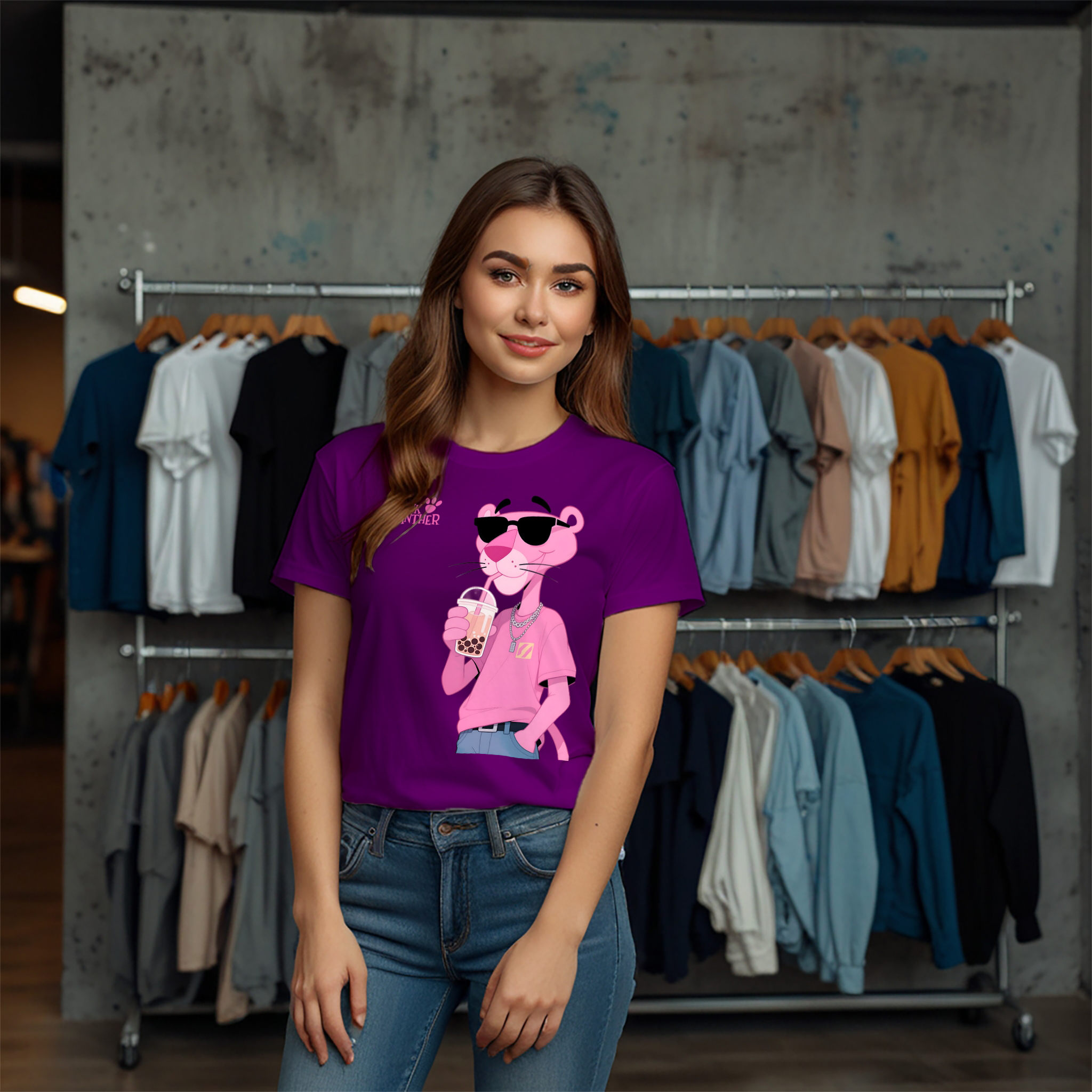 Pink Panther Boba Tea Crew Neck T-Shirt - Image 18