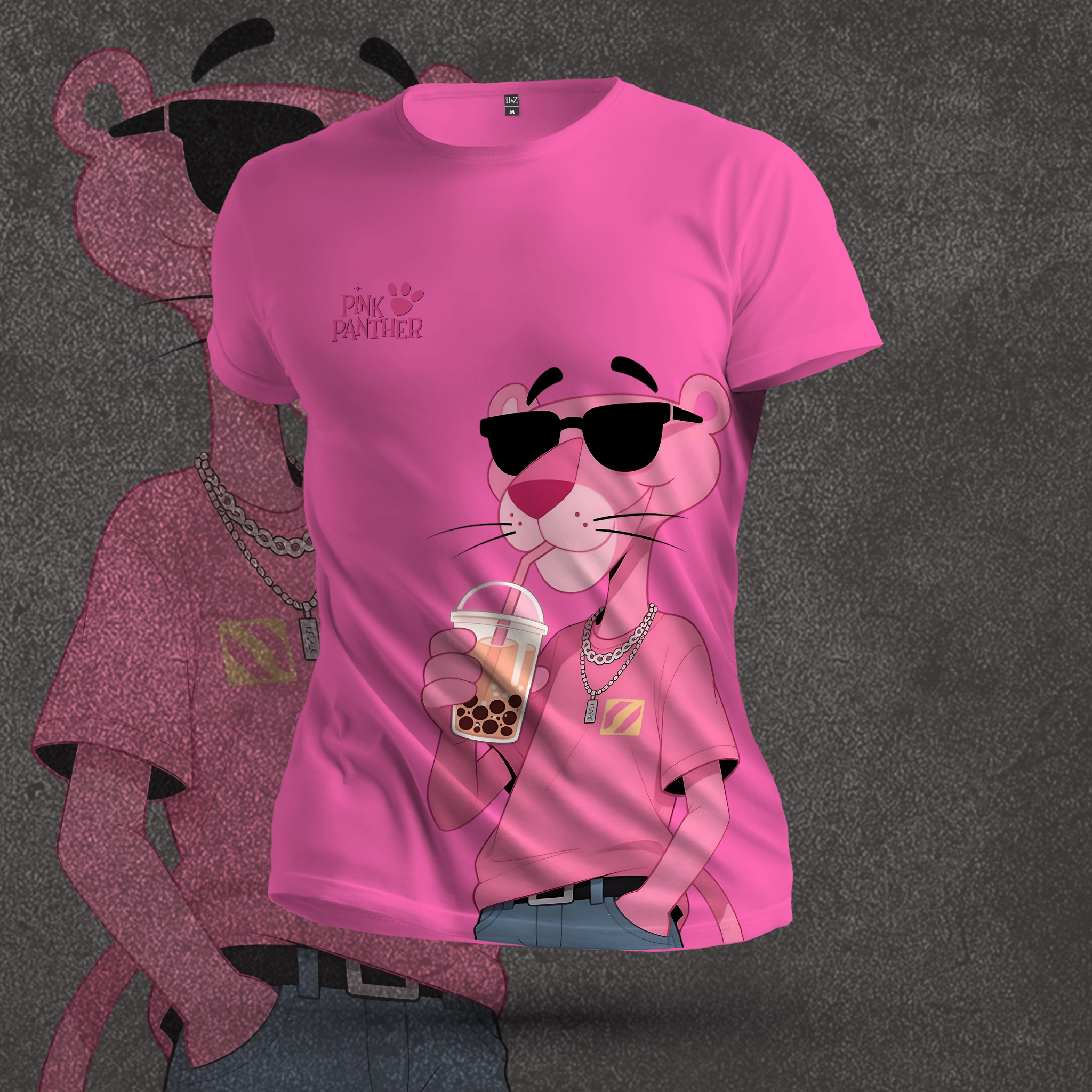 Pink Panther Boba Tea Crew Neck T-Shirt - Image 3