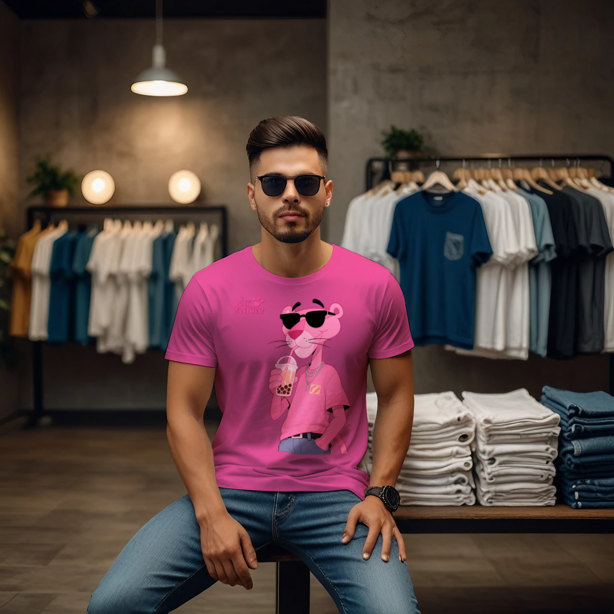 Pink Panther Boba Tea Crew Neck T-Shirt - Image 4