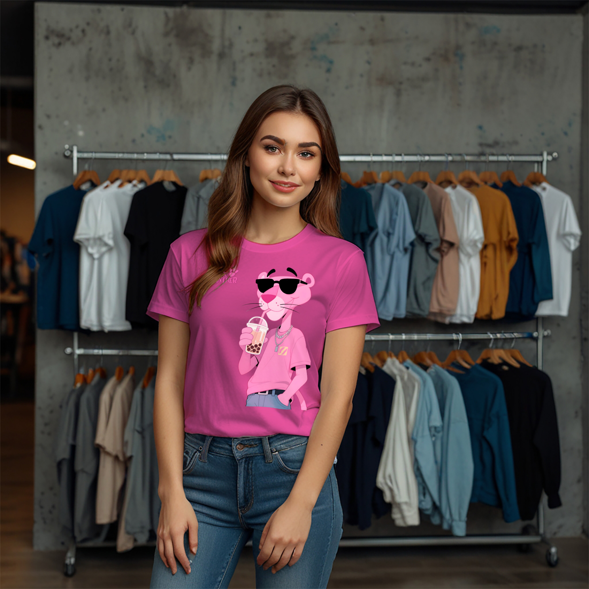 Pink Panther Boba Tea Crew Neck T-Shirt - Image 6